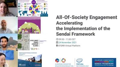 Screenshot of a virtual event titled "All-Of-Society Engagement Accelerating the Implementation of the Sendai Framework" with speaker video thumbnails and event details on the screen.