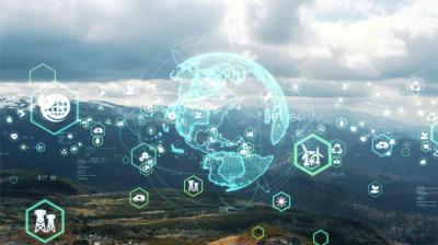 Digital icons representing energy and environmental concepts are overlaid on a landscape with mountains and cloudy sky in the background.