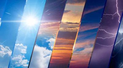 Image showing segmented panels of different weather conditions, including sunny skies, clouds, sunset, and a thunderstorm with lightning.