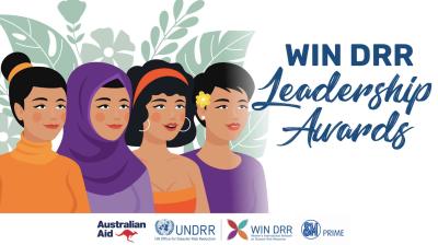 Illustration of four diverse women with text "WIN DRR Leadership Awards" and logos of Australian Aid, UNDRR, WIN DRR, and SM Prime at the bottom.