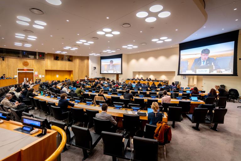 WMO SG Petteri Taalas appears on screen with panel at conference 