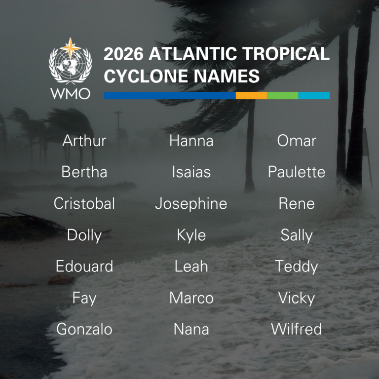 List of 2026 Atlantic tropical cyclone names displayed over an image of strong winds bending palm trees and waves crashing onto a shore.